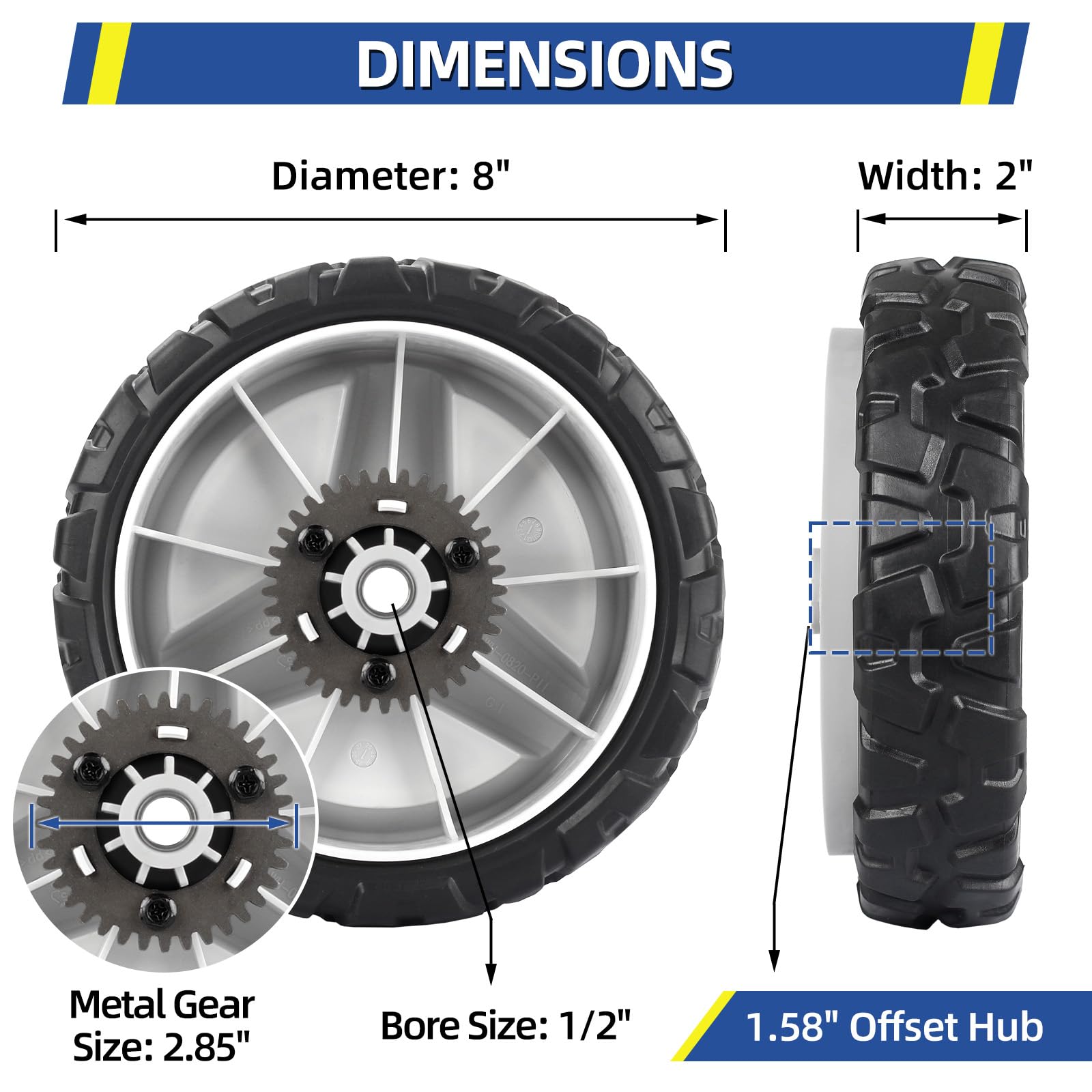 GICOOL 8-inch lawn mower wheel, side profile showing durable gear.