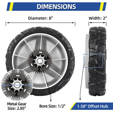 GICOOL 8-inch lawn mower wheel, side profile showing durable gear.
