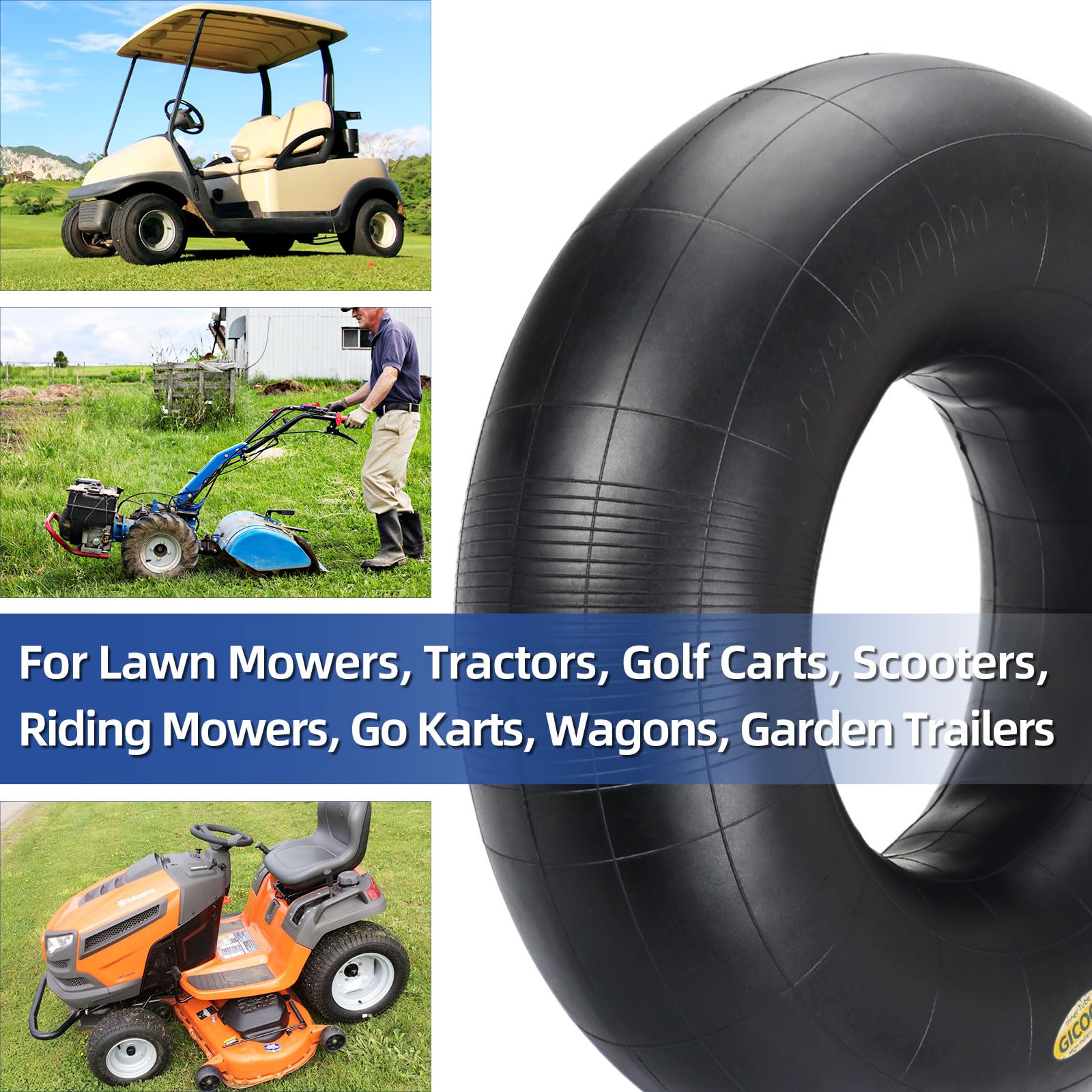 GICOOL installation-ready inner tube shown on lawn mower setup for easy replacement