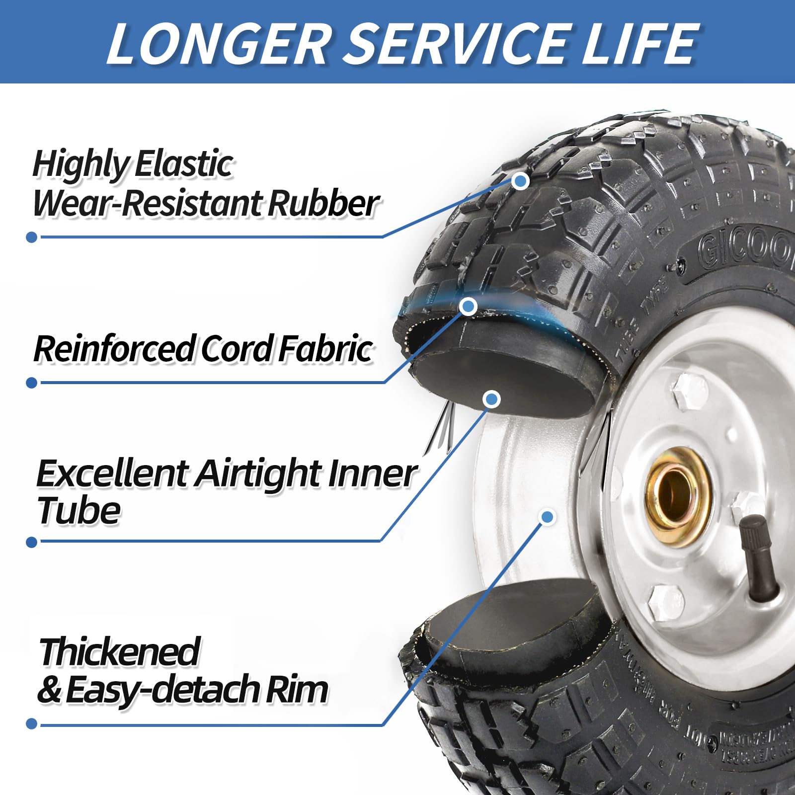 GICOOL pneumatic tire tread provides confident grip on uneven surfaces.