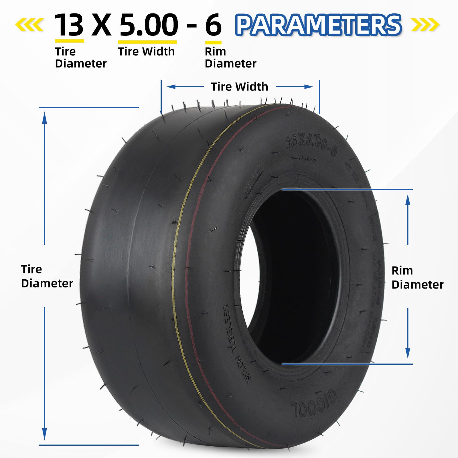 GICOOL illustration shows rim compatibility for riding mowers.