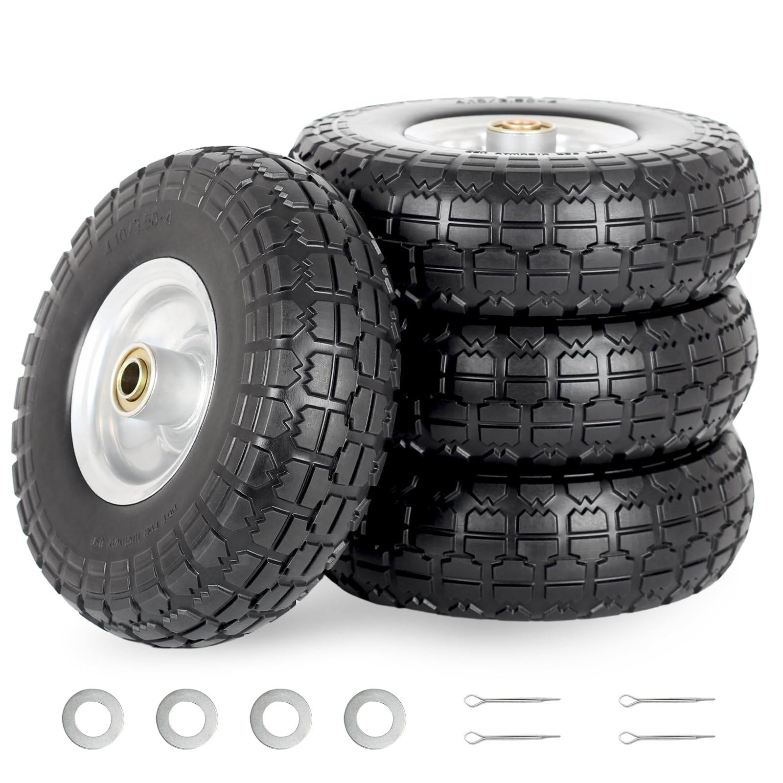 GICOOL 10-inch flat-free tire and wheel on a cart; puncture-proof and load-stable.
