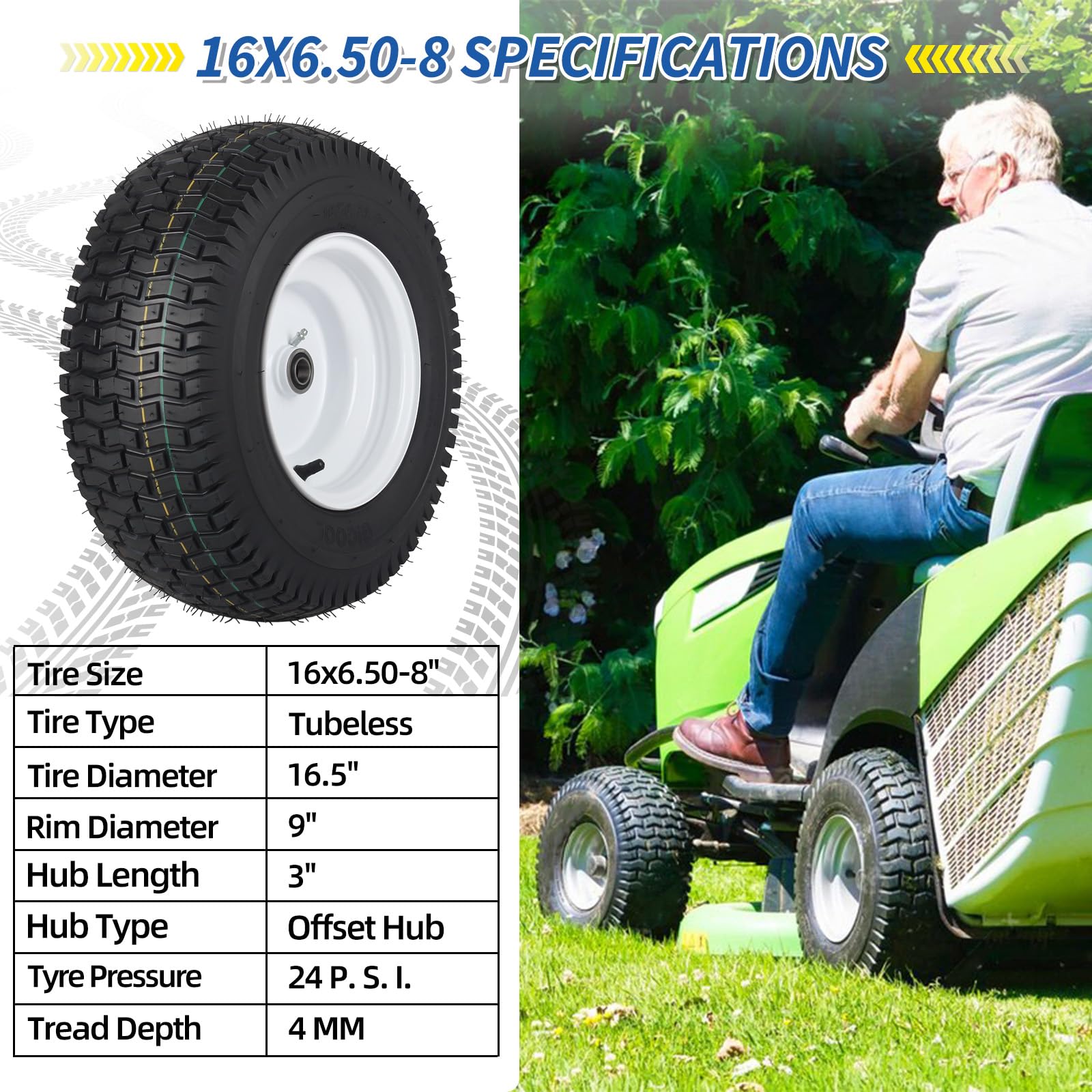 GICOOL universal front-wheel fit for riding mowers and garden tractors.