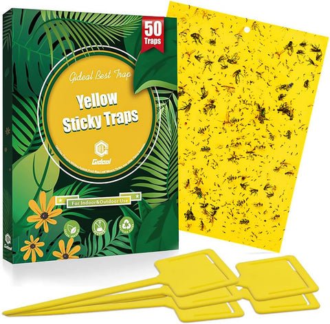Gideal dual-sided yellow sticky trap with 6x8 inch surface captures flying pests outdoors