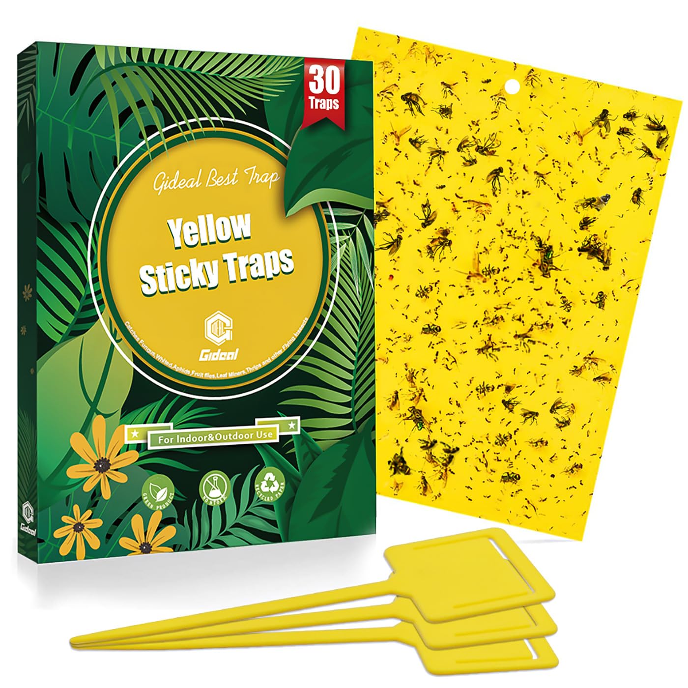 Gideal dual-sided yellow sticky trap for indoor and outdoor pest control.