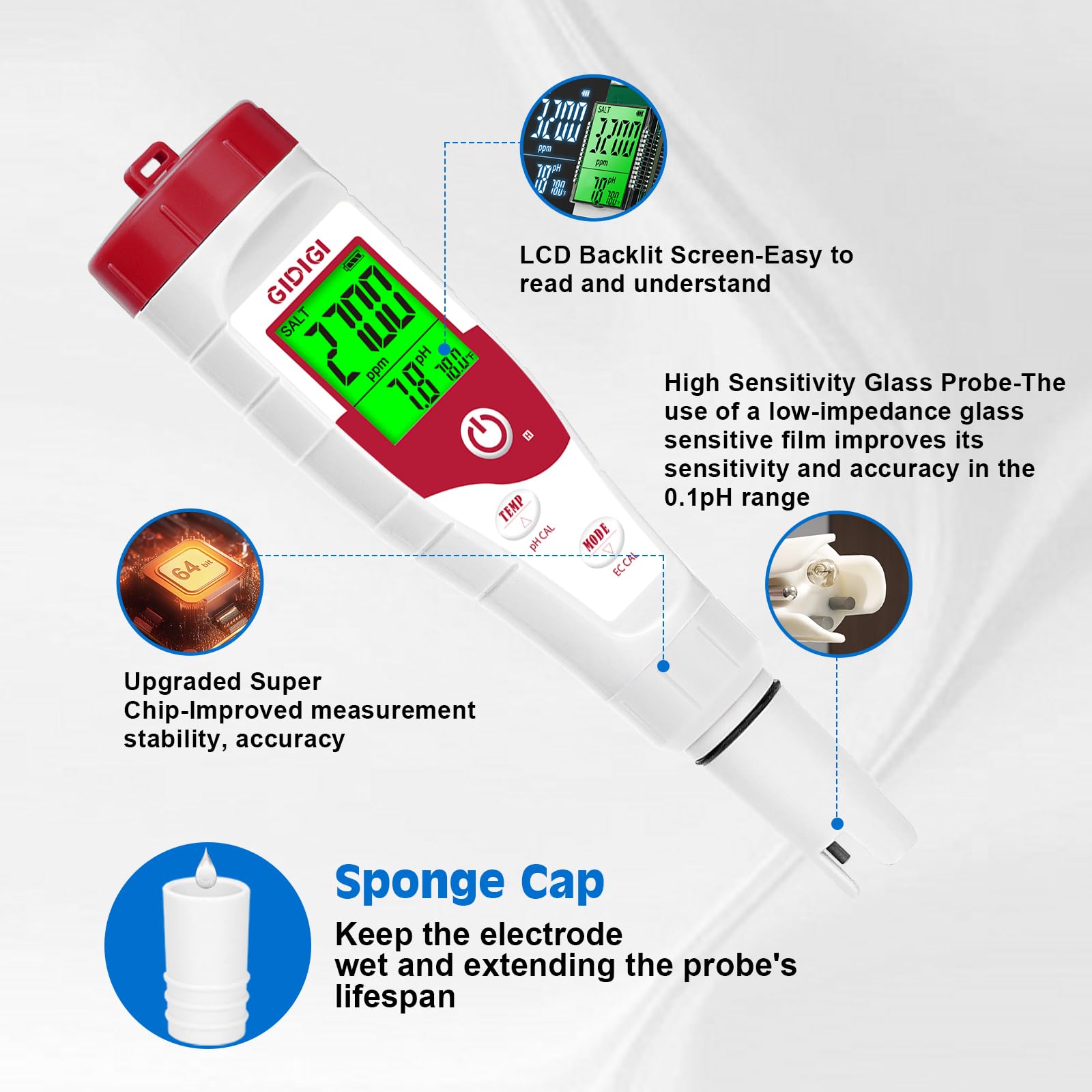 GIDIGI HD LCD backlit screen aids testing in pools, spas, and aquariums.