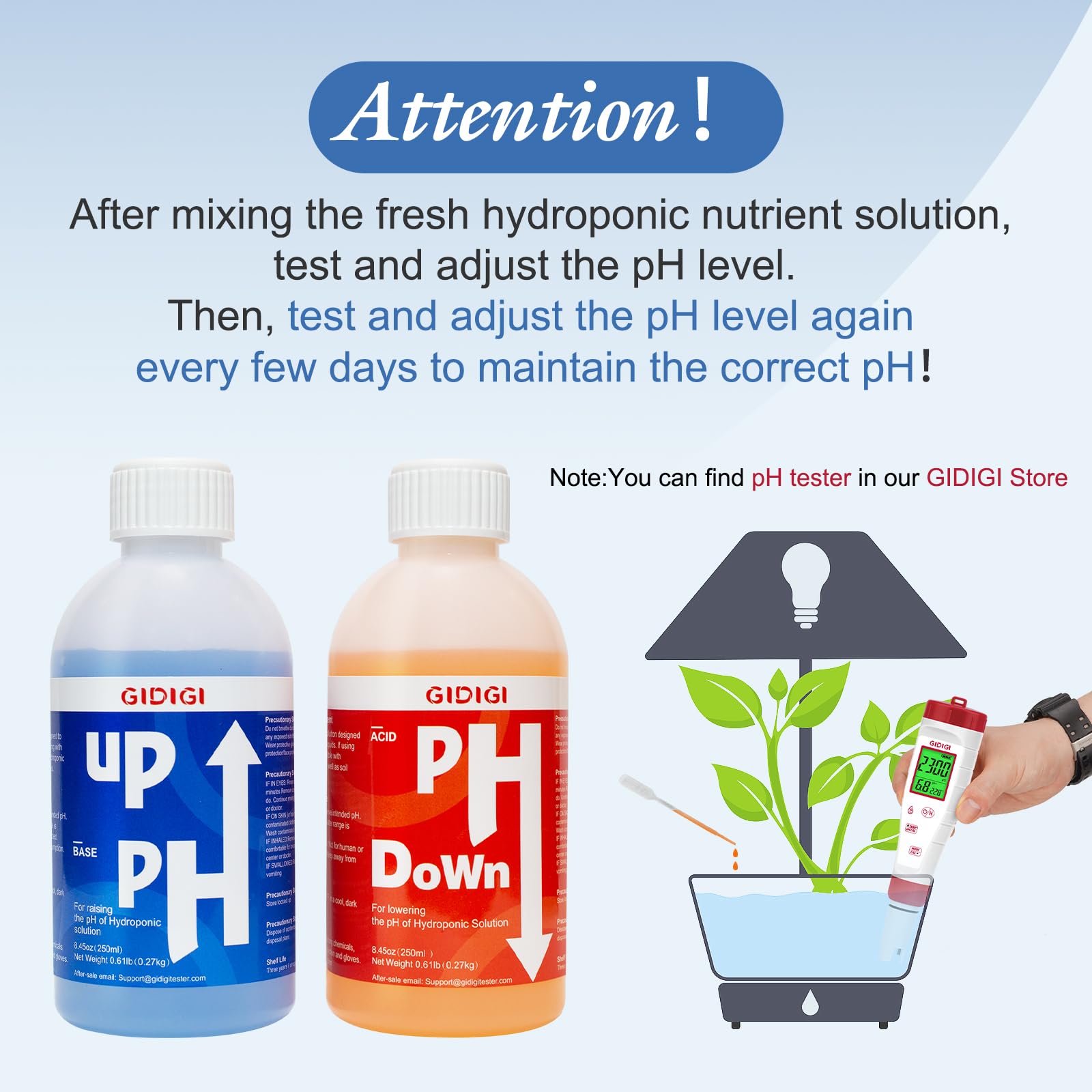 GIDIGI hydroponics setup using the pH kit for consistent care.
