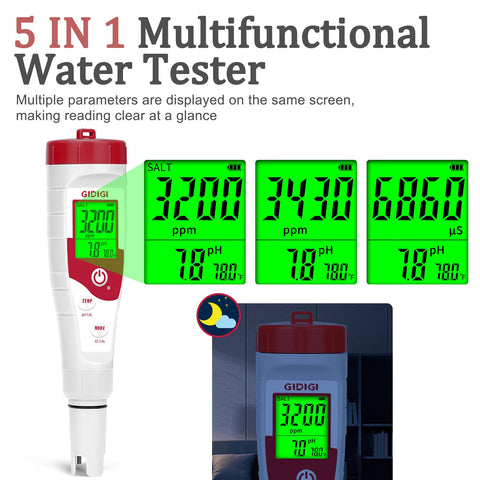 GIDIGI pH-salt-ppm-ec display enables quick readings for saltwater pools.