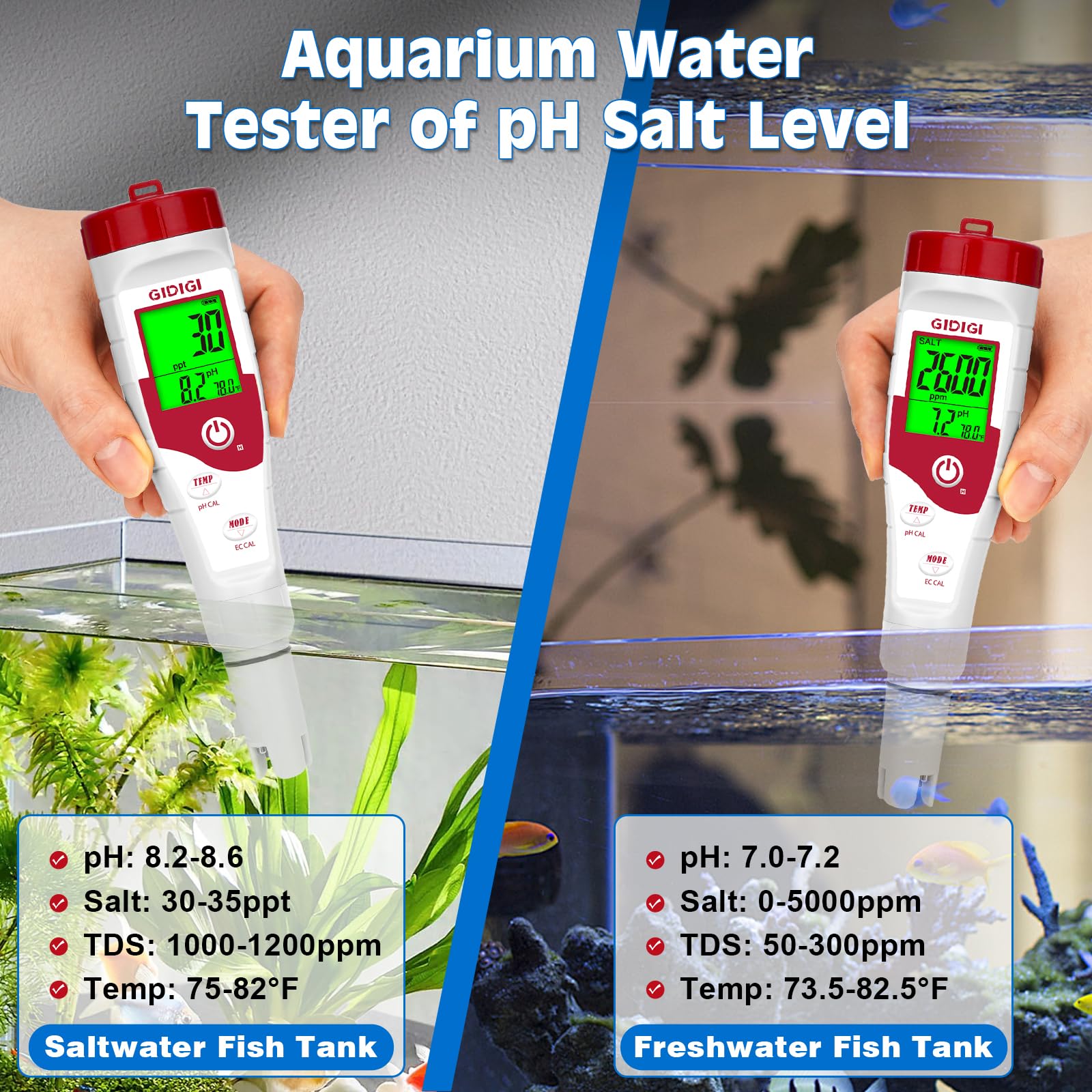 GIDIGI portable water tester with LCD offers instant readings anywhere.