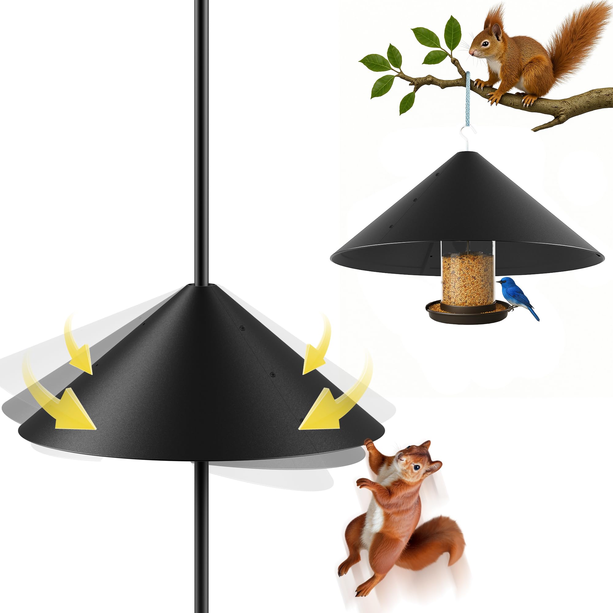 GIEERE 19-inch metal squirrel baffle close-up protecting bird feeders from rodents.