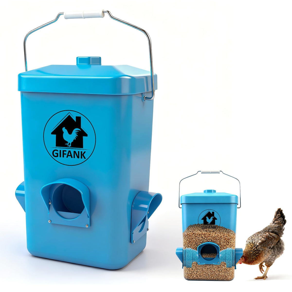 GIFANK 26-pound chicken feeder with three ports for simultaneous feeding and reduced waste.