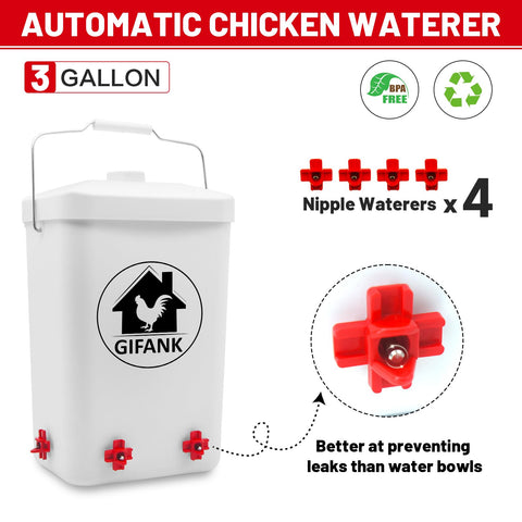 GIFANK 3-gallon waterer with nipples delivering fresh water.