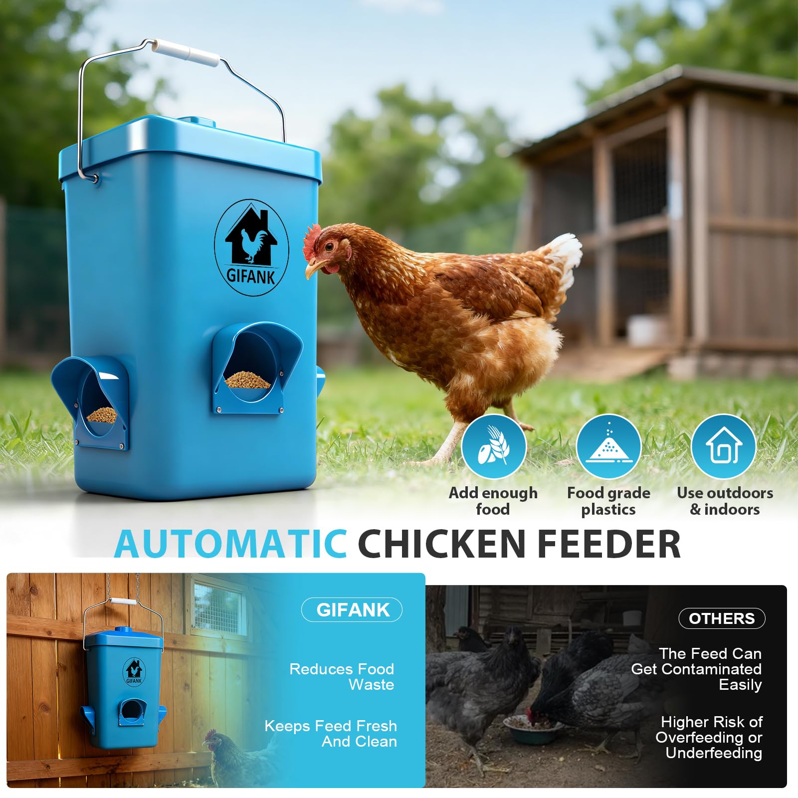 GIFANK automatic gravity-feed system replenishes feed for consistent access.