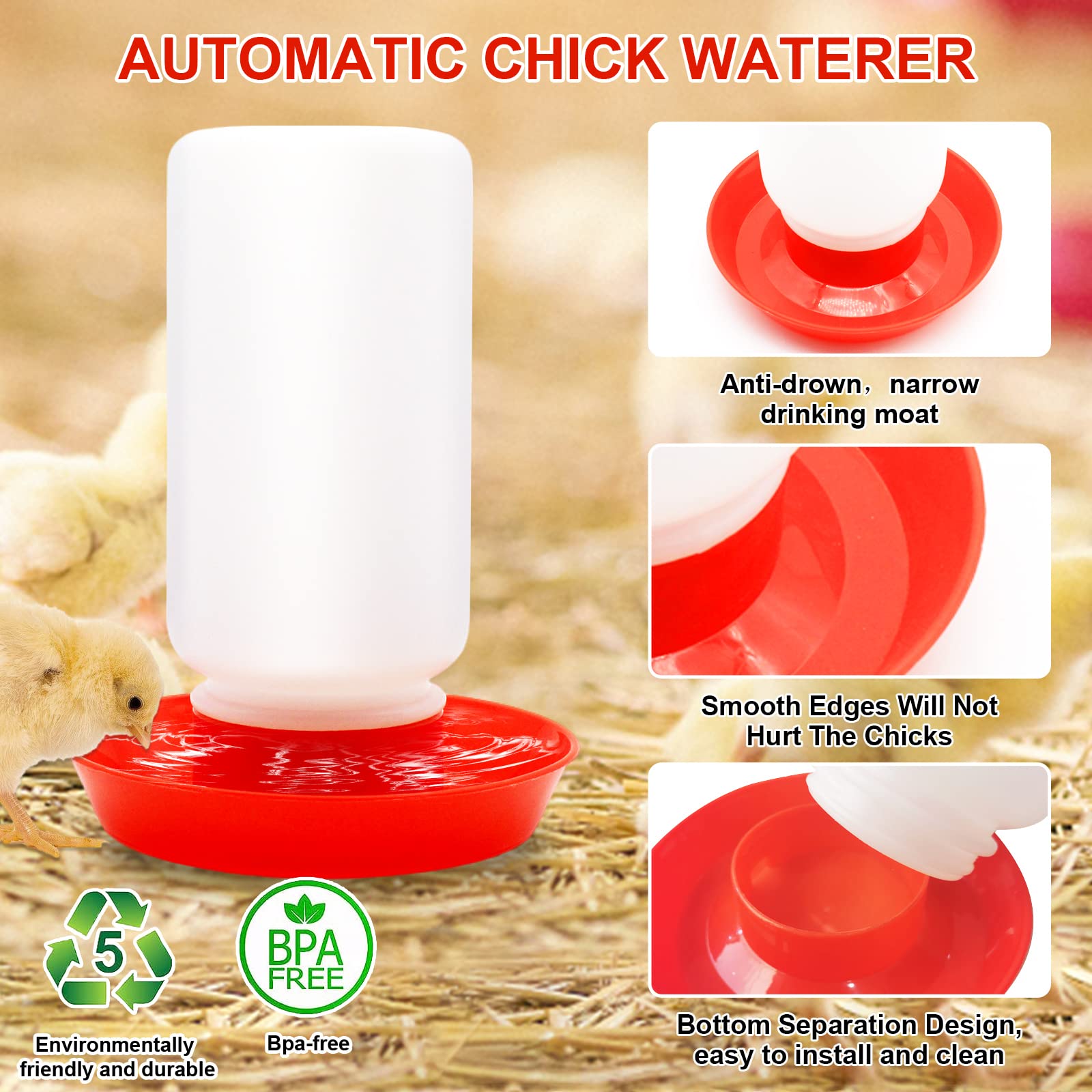 GIFANK chick waterer with red base attracts chicks and keeps water clean and accessible.