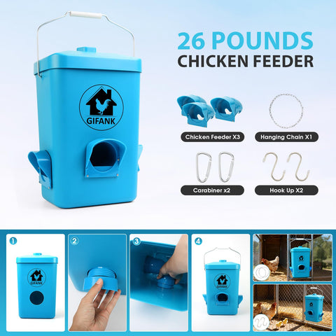 GIFANK chicken feeder showing multiple coop mounting methods for tidy setup.