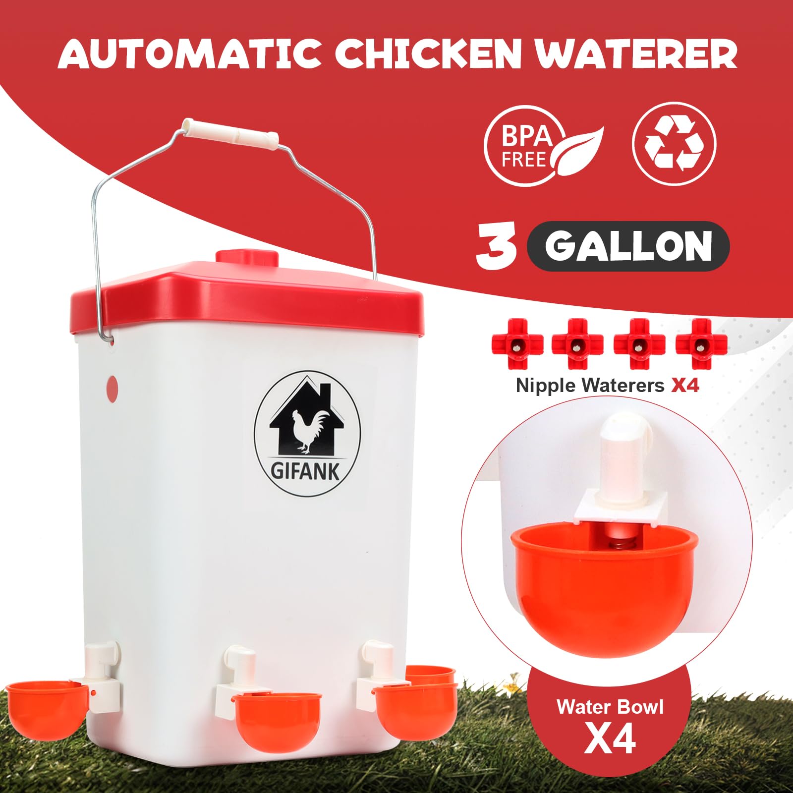GIFANK 3-gallon waterer with nipples delivers clean water for flock