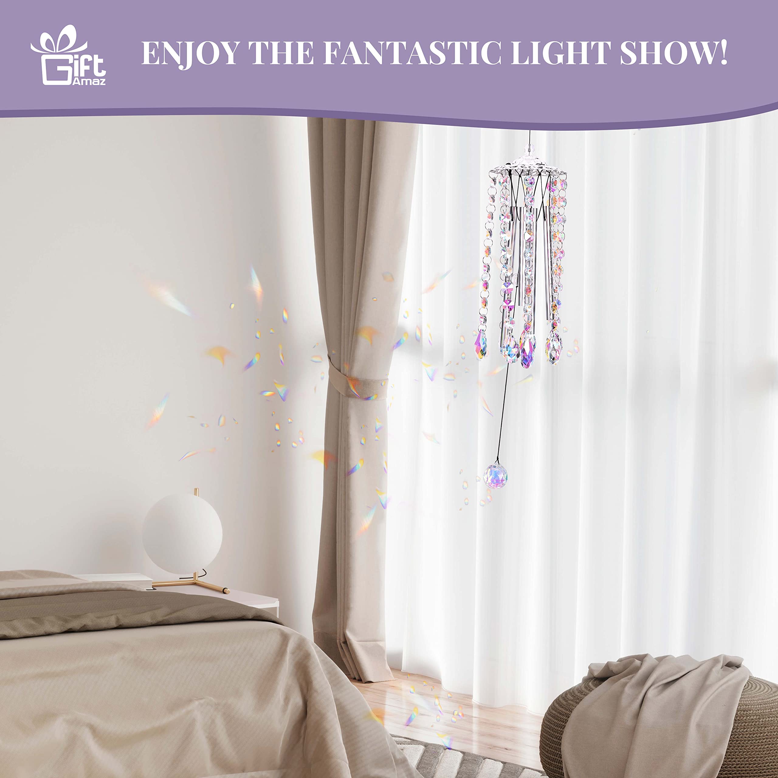 GiftAmaz crystal wind chimes produce multicolor reflections on windows