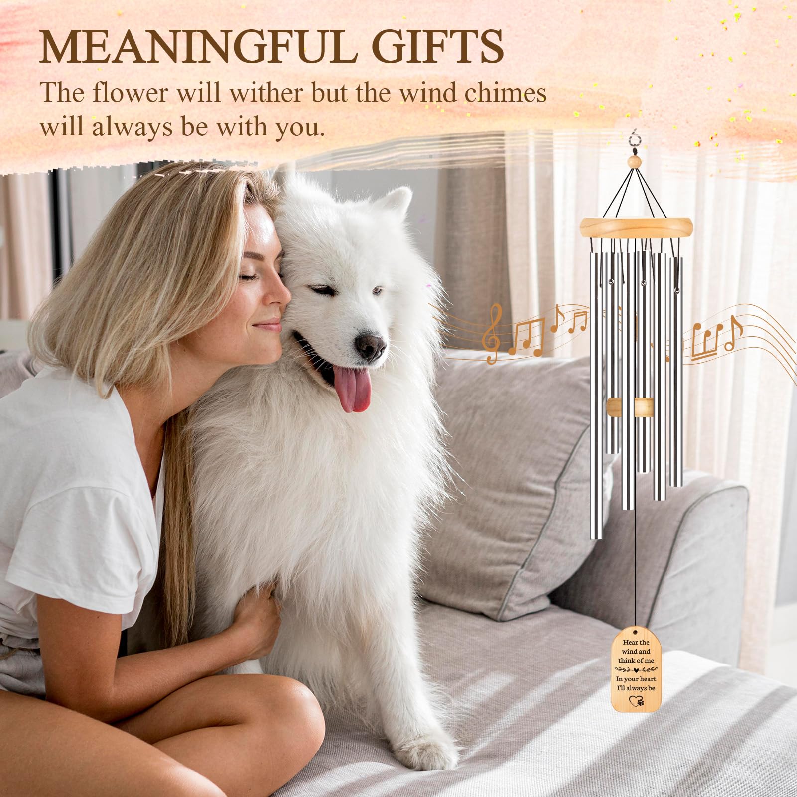GiftChant pine wood memorial wind chime with six tubes creates soothing outdoor ambience.