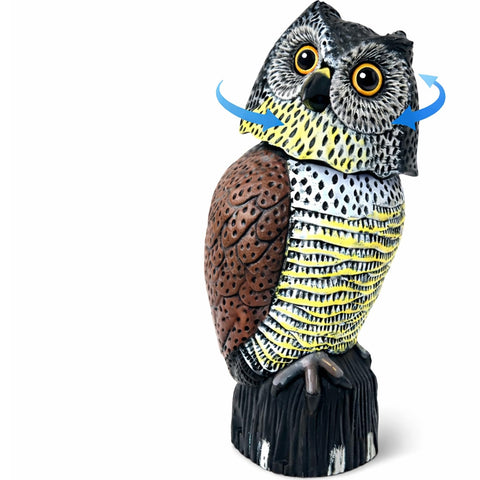 GiftExpress owl decoy front view deters birds in the garden with lifelike realism.