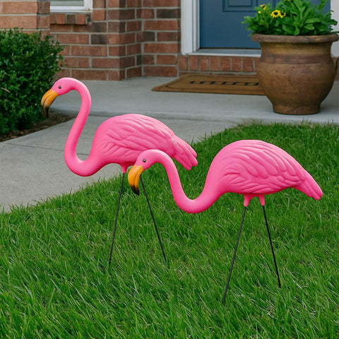 GiftExpress pink flamingos yard ornament, head-down pose, adds whimsical charm to gardens.