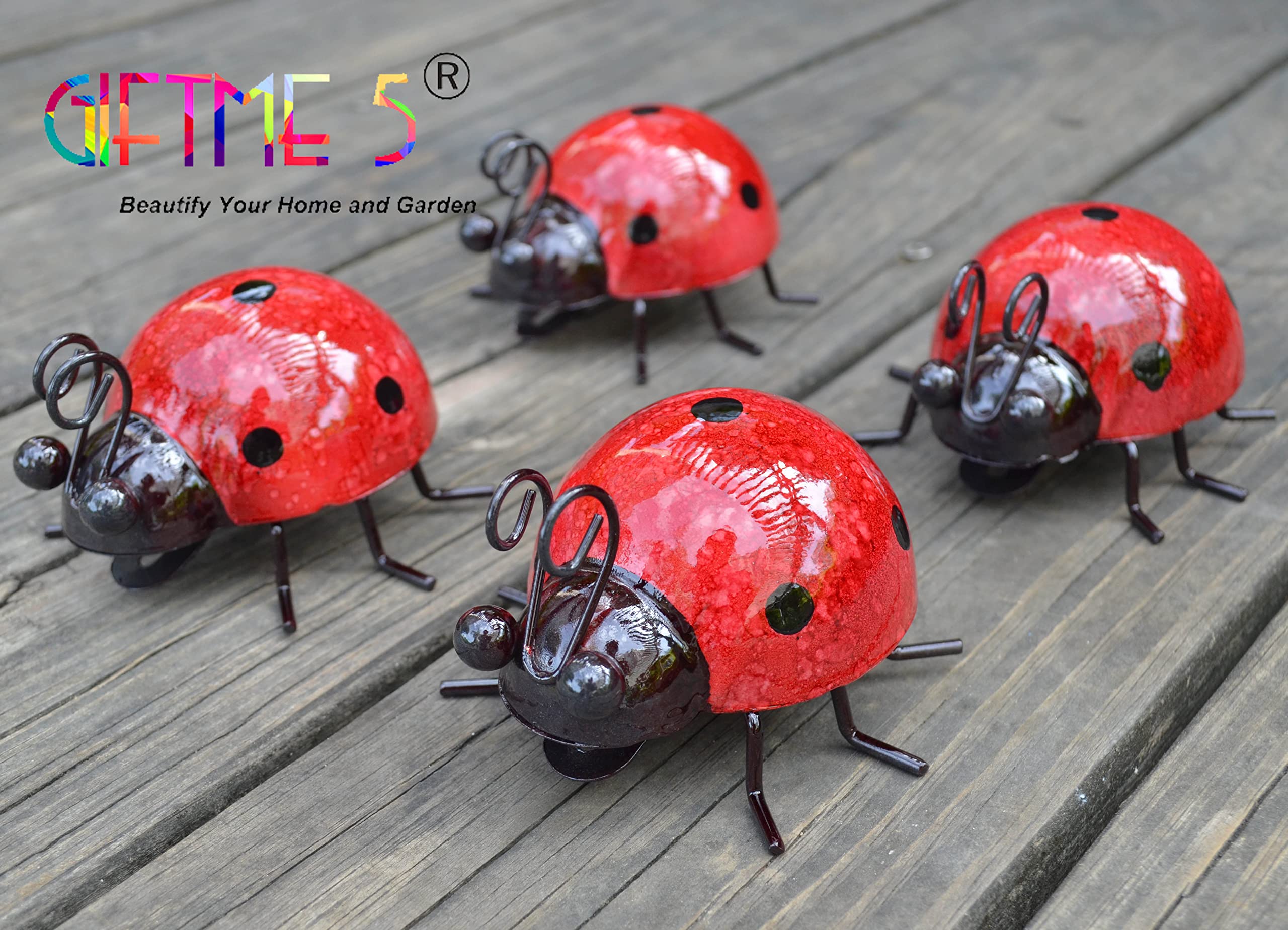 GIFTME 5 metal ladybugs yard art enhances patios with whimsical color.