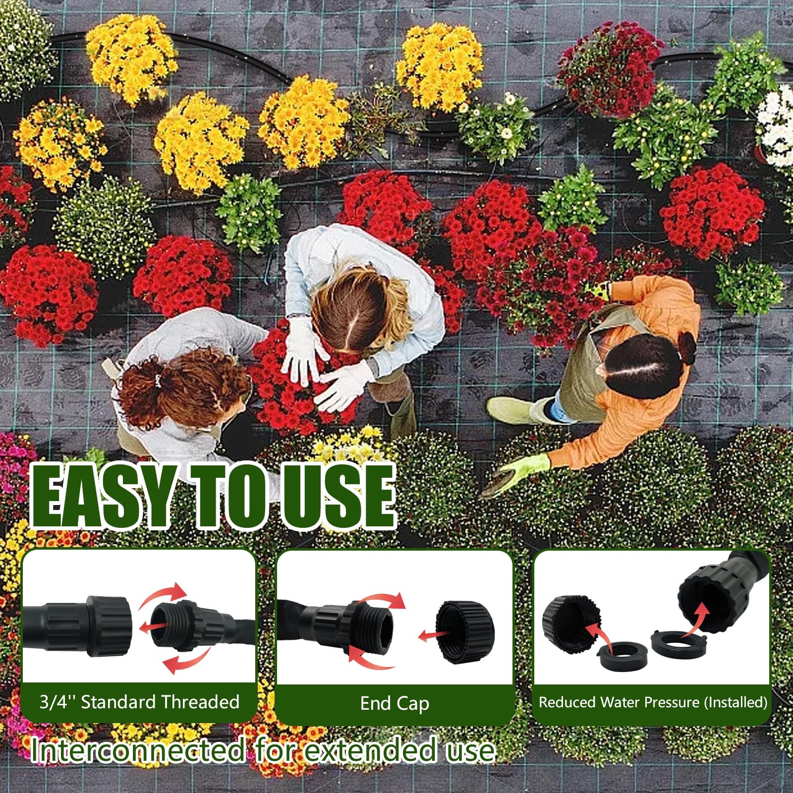 Giftsfaloy flat soaker hose 50ft laid along beds for even irrigation.