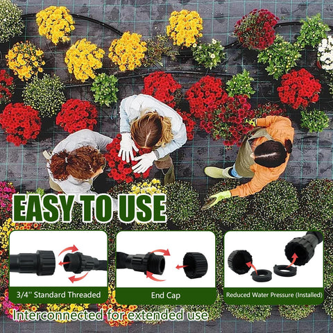 Giftsfaloy flat soaker hose 50ft laid along beds for even irrigation.