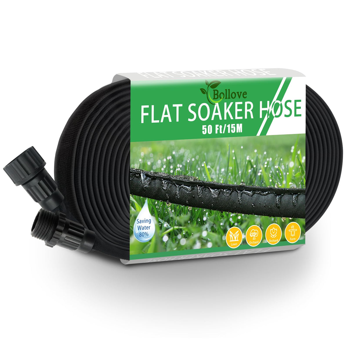 Giftsfaloy flat soaker hose 50ft in box for quick setup and storage.