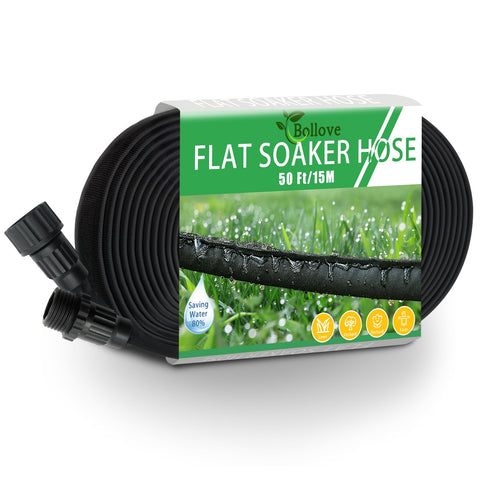Giftsfaloy flat soaker hose 50ft in box for quick setup and storage.
