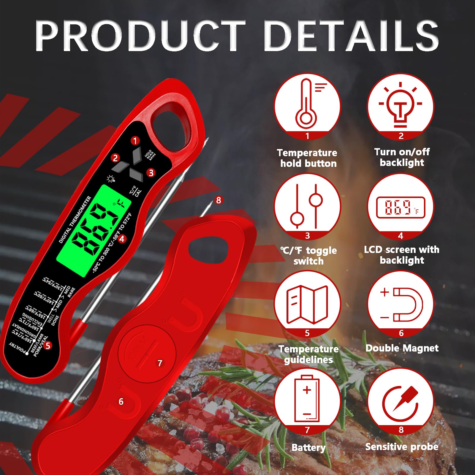 Giftsfaloy IP67 waterproof thermometer for easy cleaning and durability.