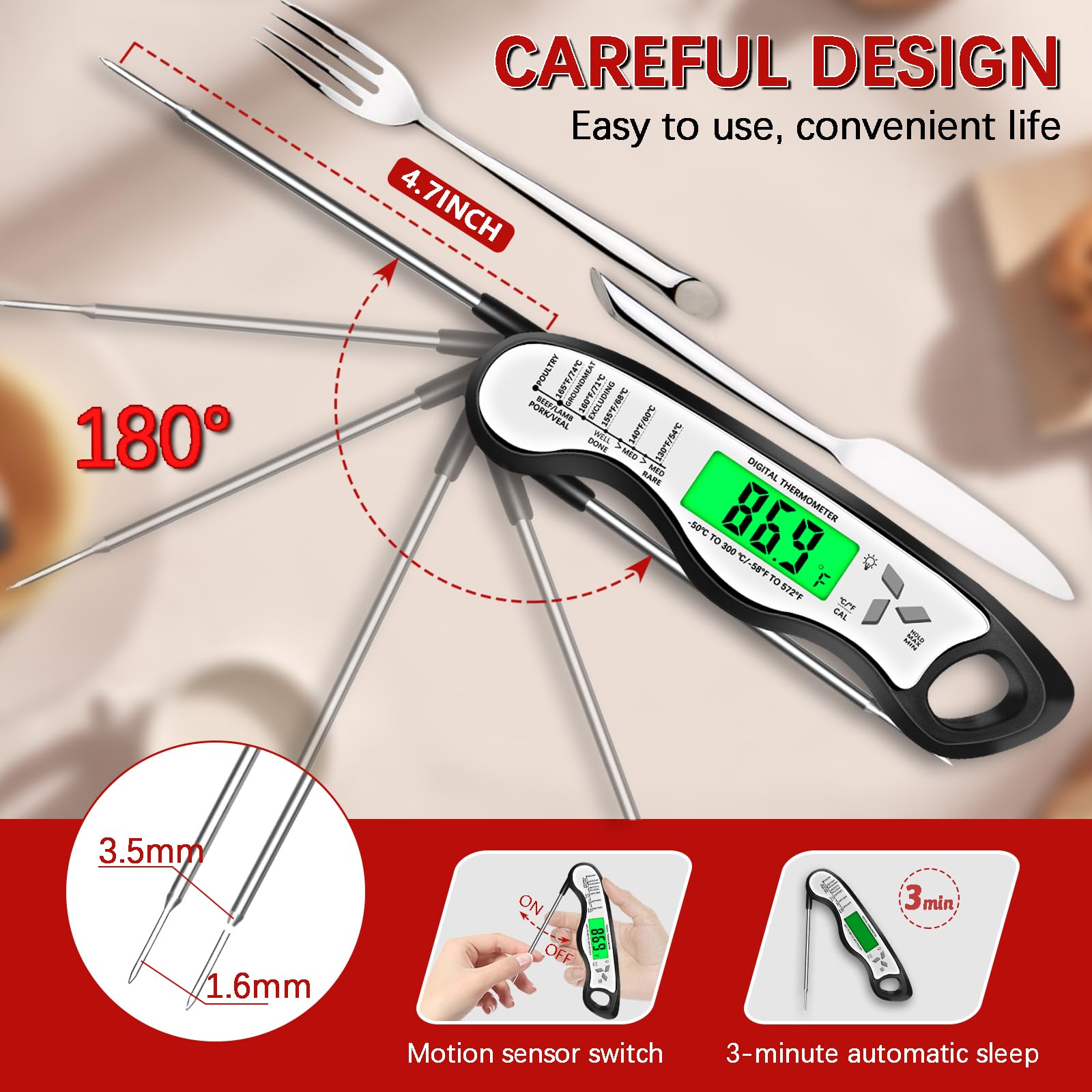 Giftsfaloy thermometer showing hold and calibration features in use.