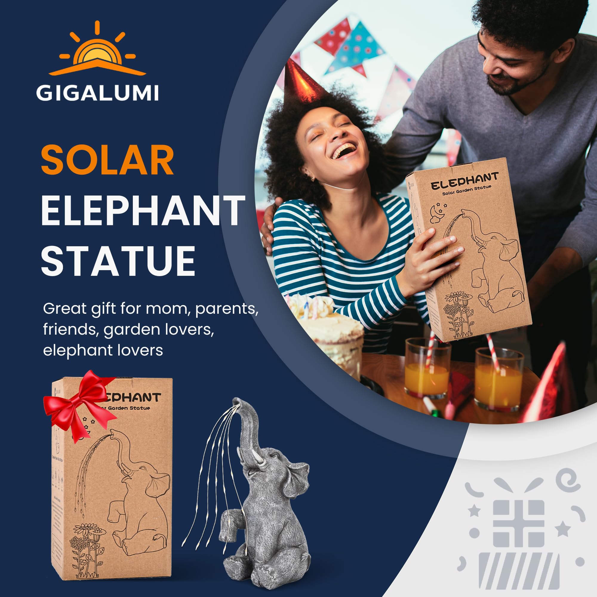 GIGALUMI elephant figurine with LED water-flow lights enhances night ambiance.