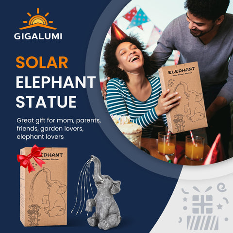 GIGALUMI elephant figurine with LED water-flow lights enhances night ambiance.