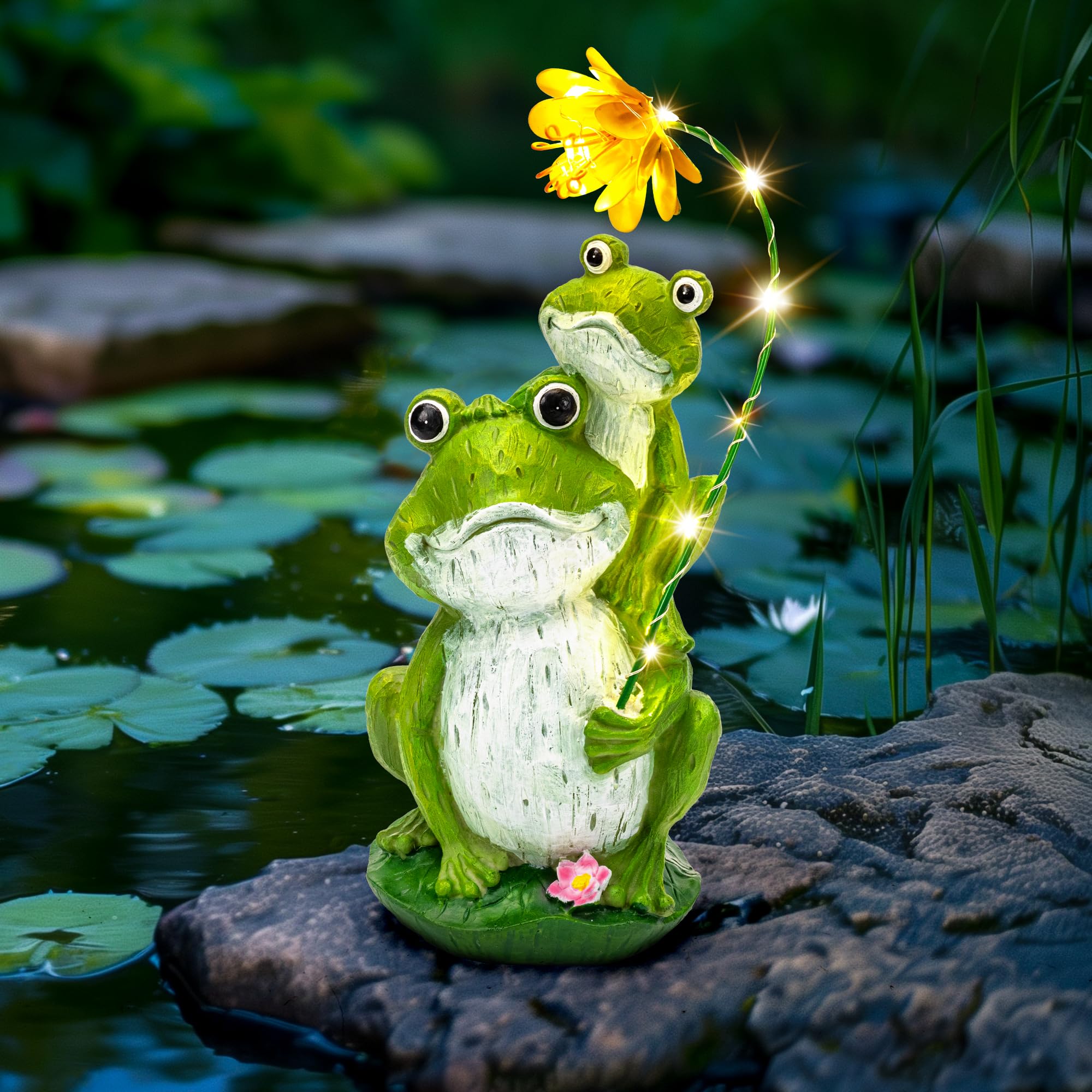 GIGALUMI night-lit frog garden statue invites peaceful evening ambience.