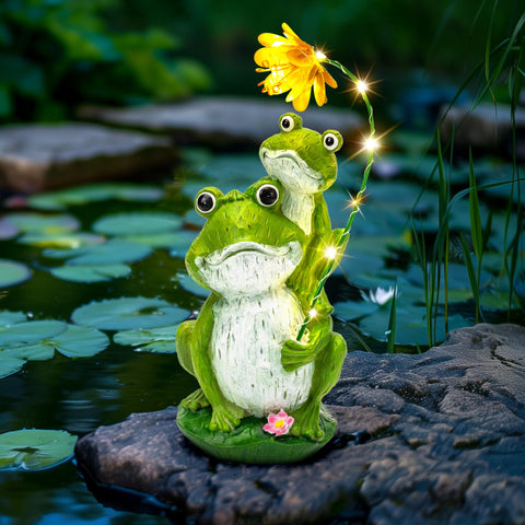 GIGALUMI night-lit frog garden statue invites peaceful evening ambience.