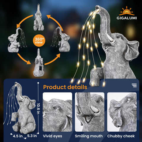 GIGALUMI outdoor decor elephant under sun charges for long-lasting illumination.