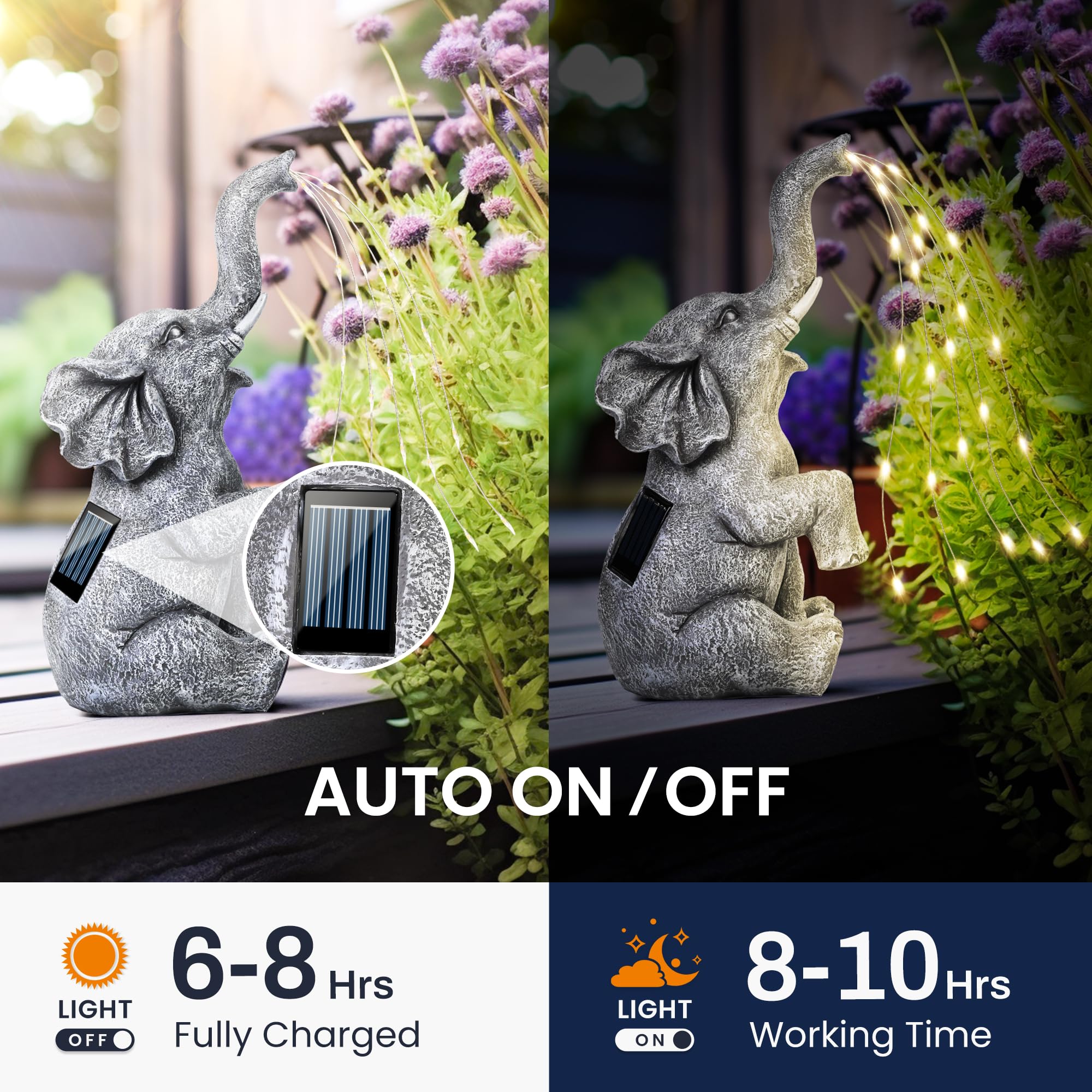 GIGALUMI resin elephant statue withstands weather while brightening porches.