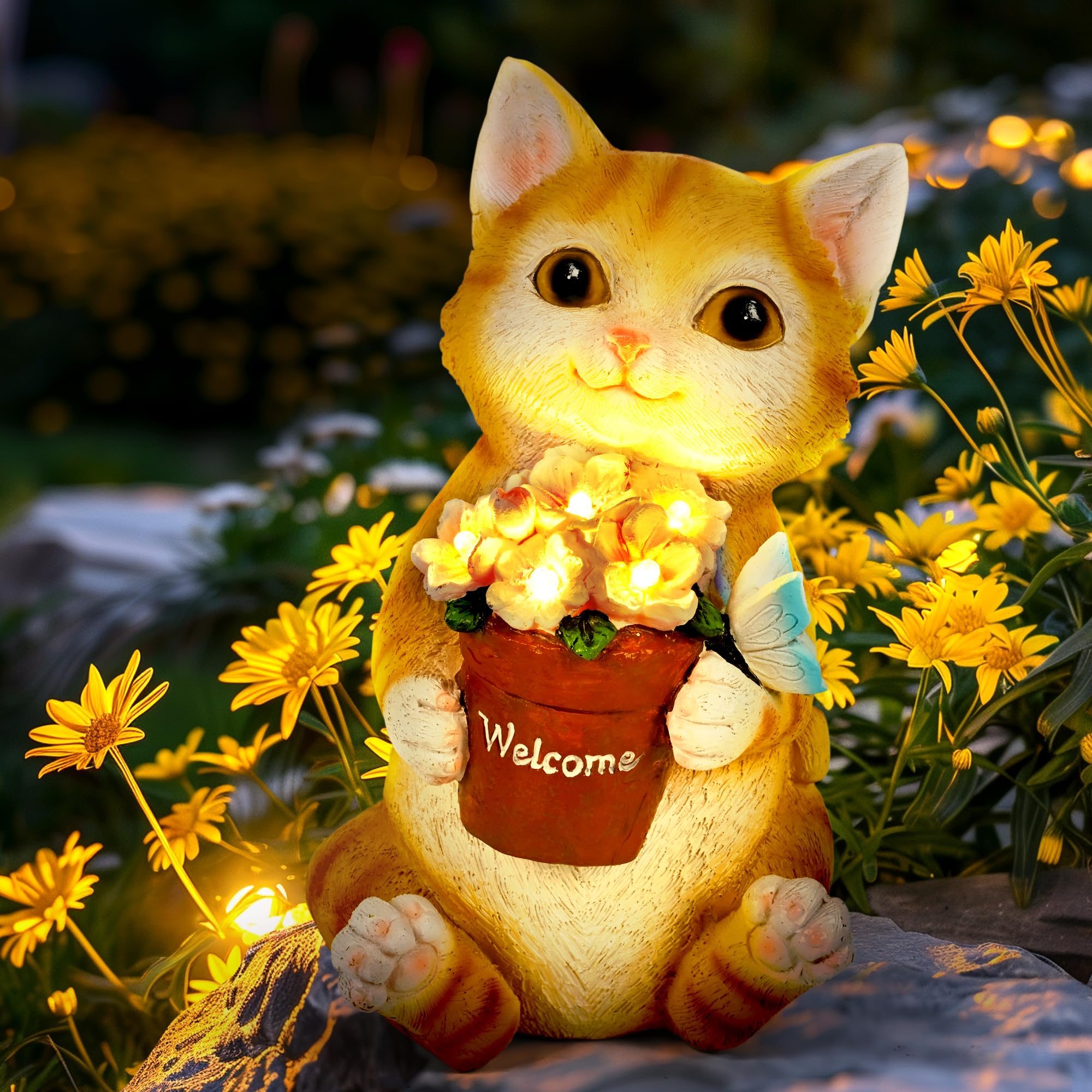 GIGALUMI solar cat flowerpot daylight image: whimsical daytime garden ornament for patios