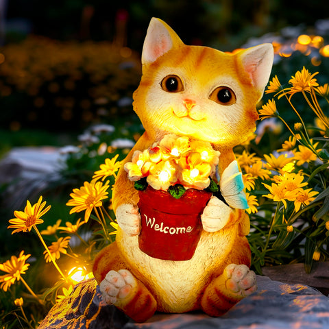 GIGALUMI solar cat flowerpot daylight image: whimsical daytime garden ornament for patios