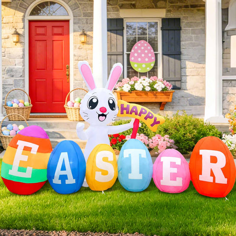 GIGLIM 7ft Easter Bunny with eggs glows warmly for yard visibility.