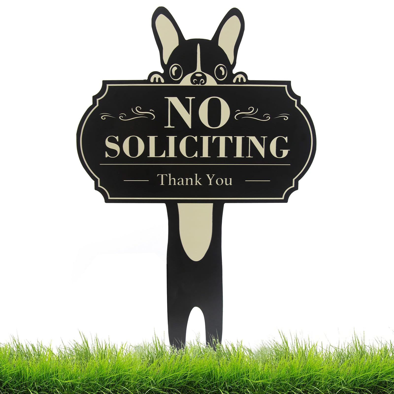 Gihunk No Soliciting sign with front door dog illustration, visible boundary for visitors