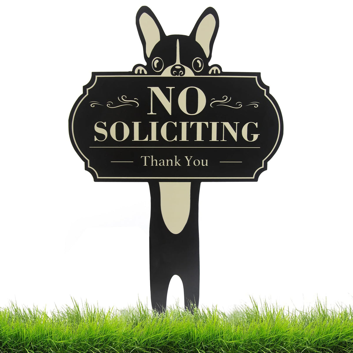 Gihunk No Soliciting sign with front door dog illustration, visible boundary for visitors