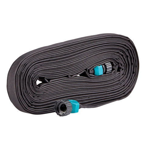 Gilmour 50ft flat weeper hose rolled for easy storage and space-saving use.