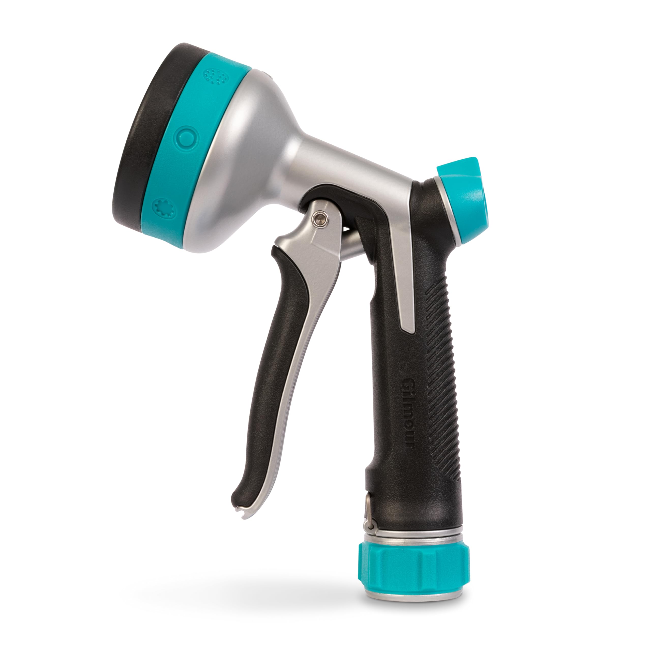 Gilmour nozzle with easy attachment grooves for quick, secure hose connection.