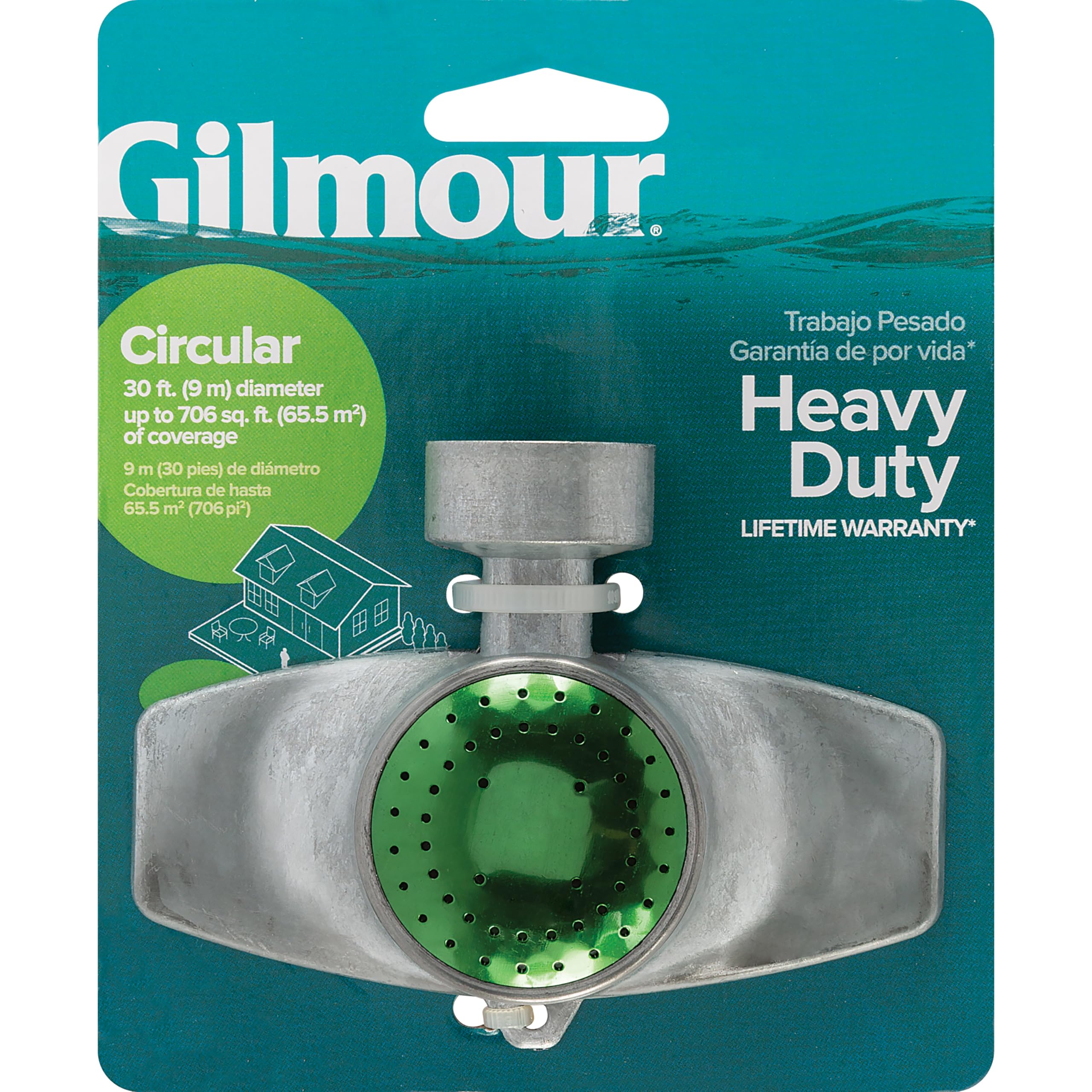 GILMOUR Circle Pattern Spot Sprinkler in metal construction ensures durability for frequent outdoor use.