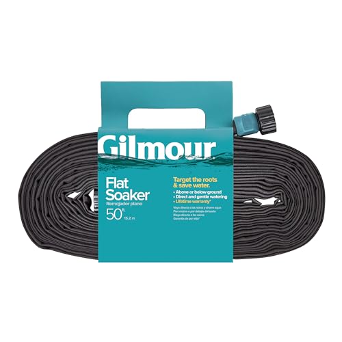 Gilmour flat weeper hose waters roots along beds with efficient irrigation.