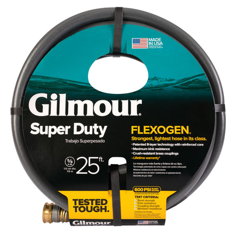 Gilmour Flexogen hose with 8-layer construction for durability and kink resistance.