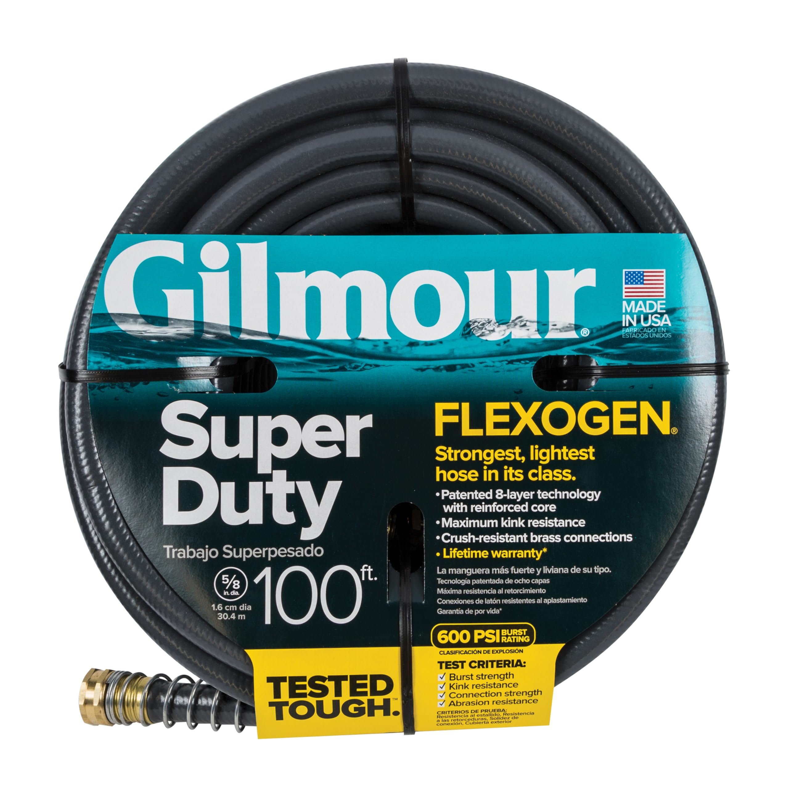 Gilmour Flexogen hose with brass couplings ensures leak-proof connections during irrigation.