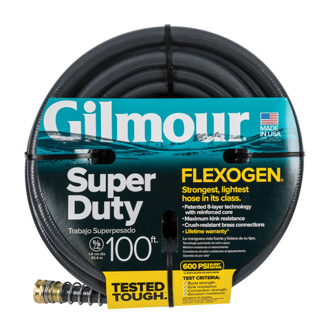 Gilmour Flexogen hose with brass couplings ensures leak-proof connections during irrigation.