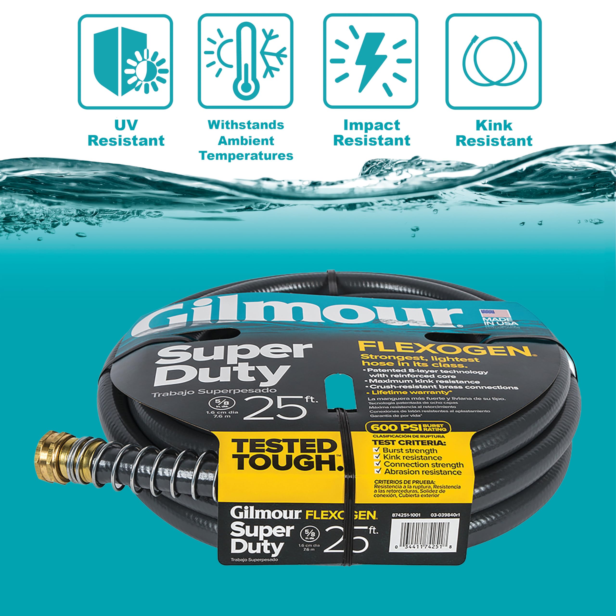 Gilmour Flexogen stainless steel spring prevents spigot kinks during use.